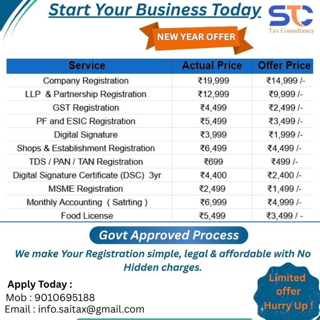 Business Registration Price, GST Registration Price, PAN Registration Price, MSME Registration Price, Monthly Accounting, LLP registration Price. PF And ESI Registration Price, Digital Signature 